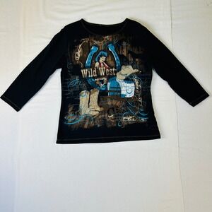 Women's Black Wild West Rodeo Cowgirl Horses Graphic 3/4 Sleeve T Shirt XL